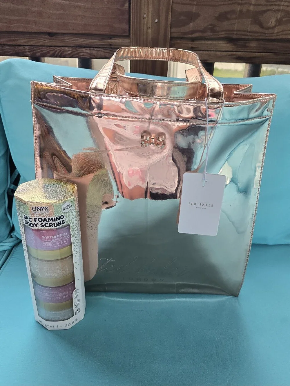 Ted Baker Rose Gold Metallic Tote with Foaming Body Scrubs